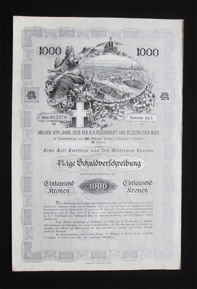Bécs város 4%-os kötvénye 1000 korona 1908